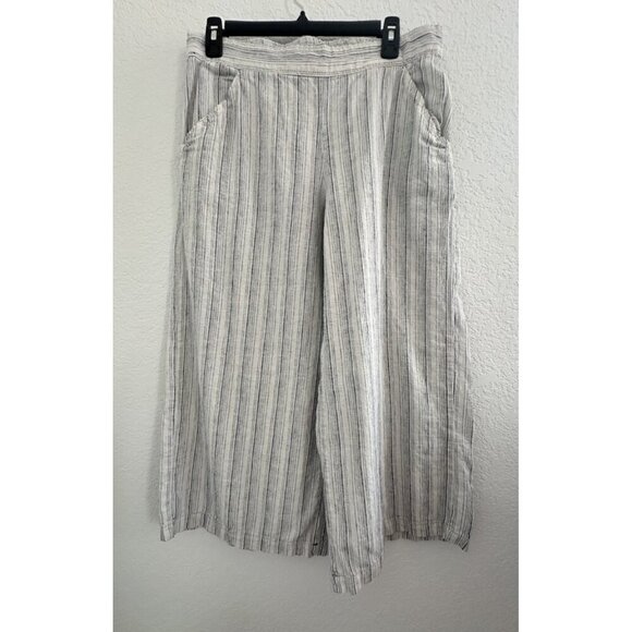 Max Studio Women's Cropped Wide‎ Leg Striped Pants L Cream Linen Nautical Granny - Picture 1 of 11
